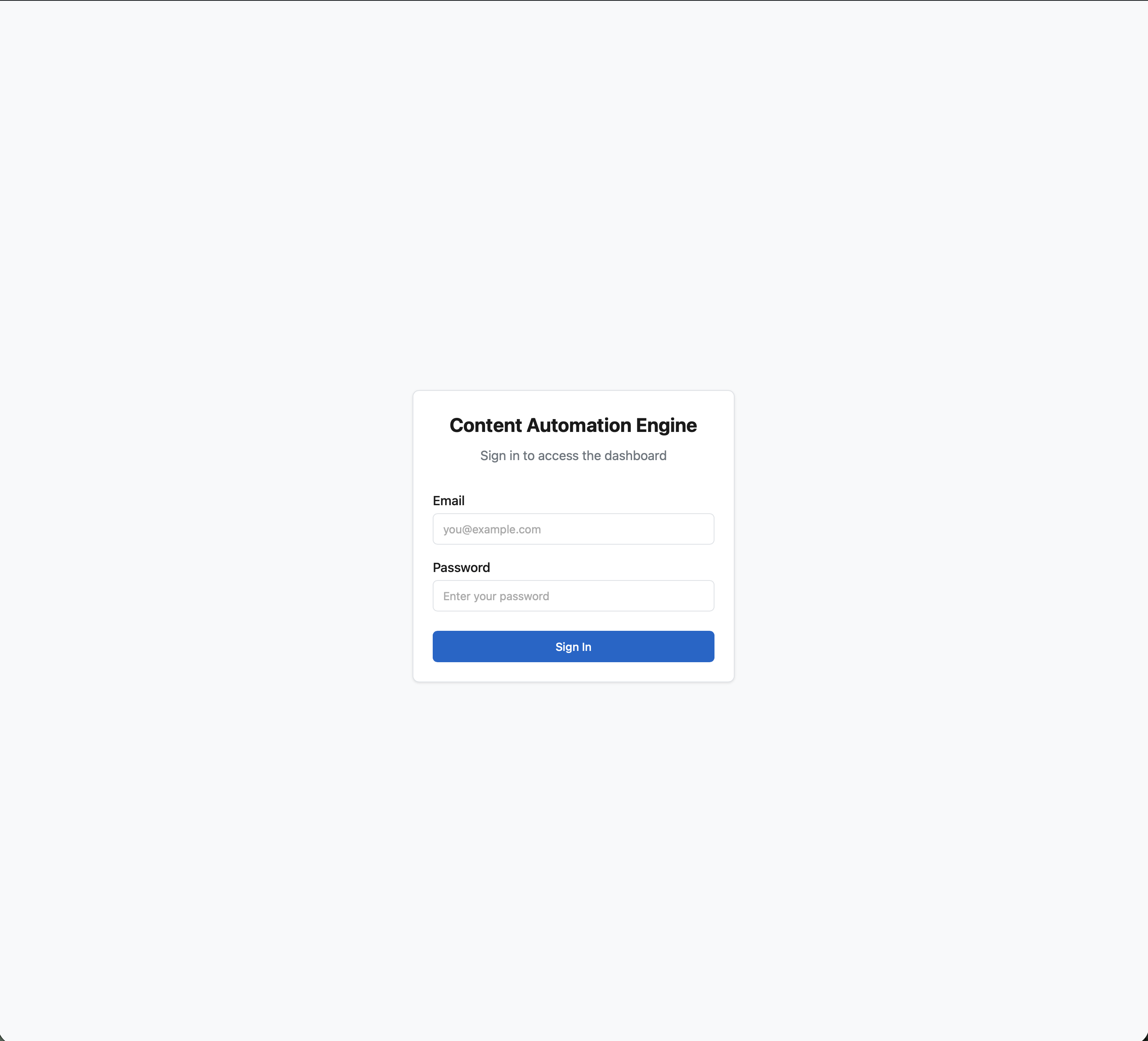 Content Automation Engine secure login screen with email and password fields